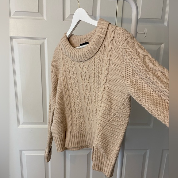 French Connection Cable Knit Cowl Neck Light Beige Sweater Wool Blend - Picture 4 of 11
